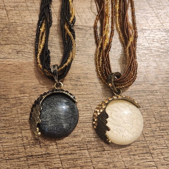 Pair Of Boho Black and Brown Pendant Necklace Set - Picture 5 of 6